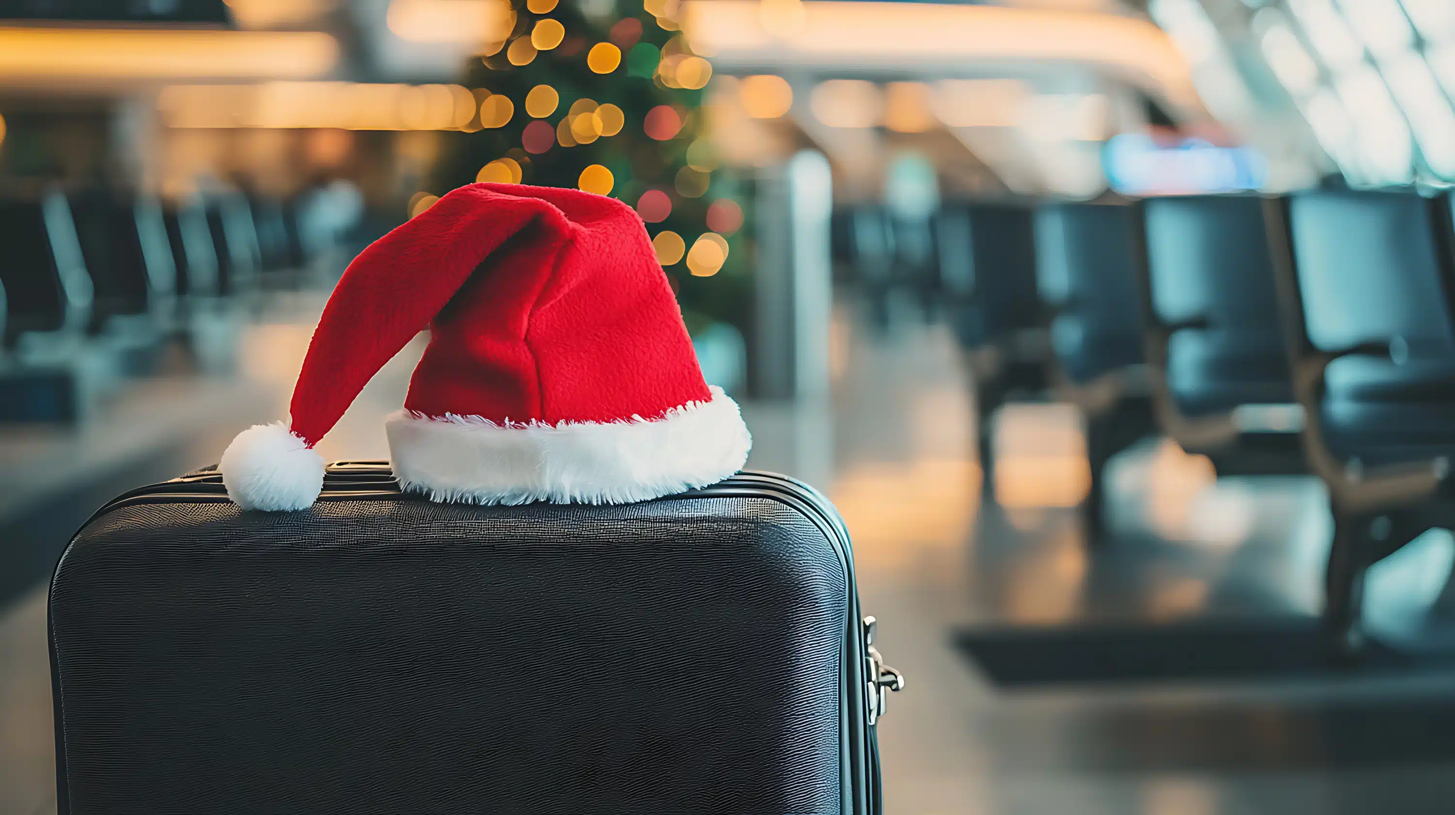 Mala com gorro de Papai Noel no aeroporto, pronta para uma viagem de Natal pelas cidades mineiras, com árvore de Natal desfocada ao fundo.