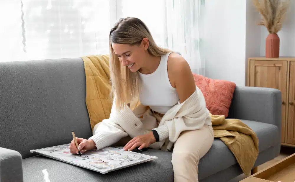 Mulher desenhando no sofá, aproveitando o tempo livre durante os feriados de 2026.