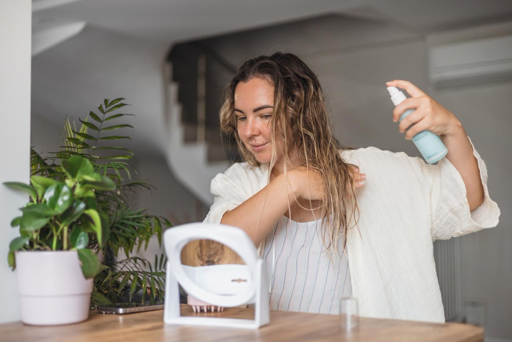 mulher usando protetor térmico para cabelo