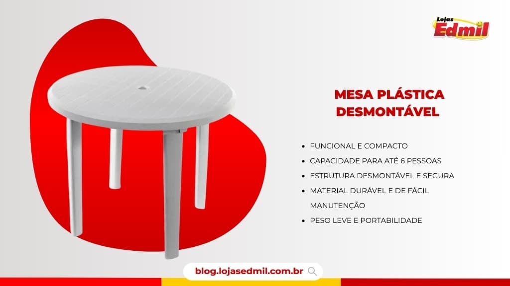 Prática mesa plástica desmontável, perfeita para acomodar todos os convidados no seu churrasco em casa, garantindo conforto e facilidade na organização.