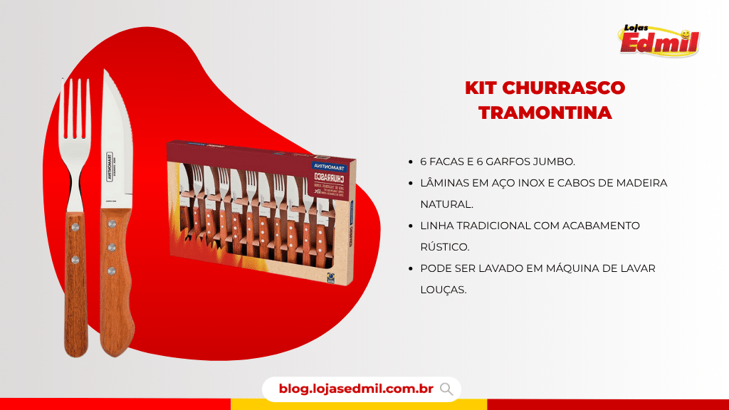 Kit churrasco completo com talheres de alta qualidade, ideal para servir suas carnes com estilo e sofisticação no churrasco em casa.