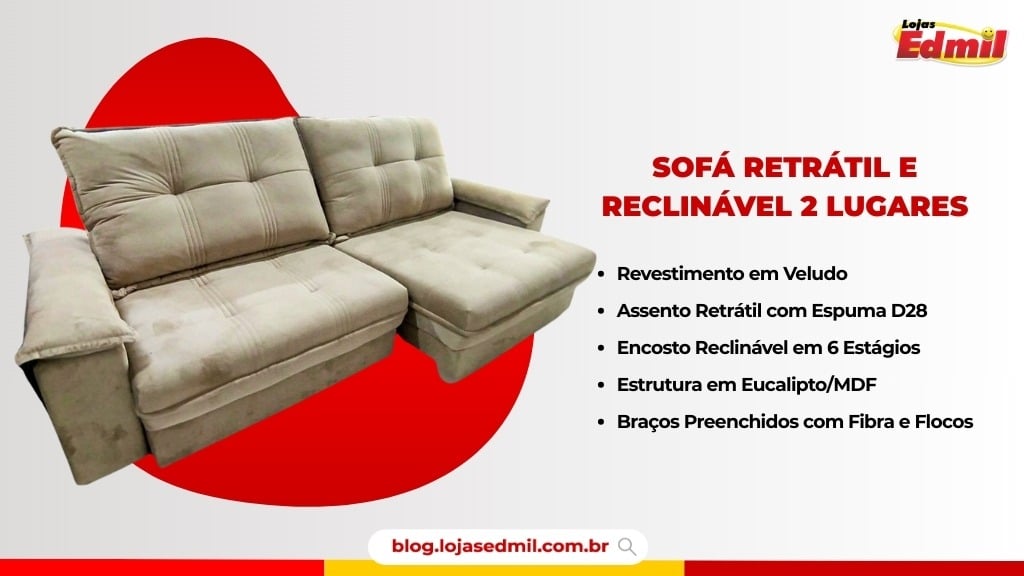 Sofá retrátil e reclinável de 2 lugares, ideal para relaxar durante os feriados 2026, com revestimento em veludo e encosto ajustável para maior conforto e bem-estar.