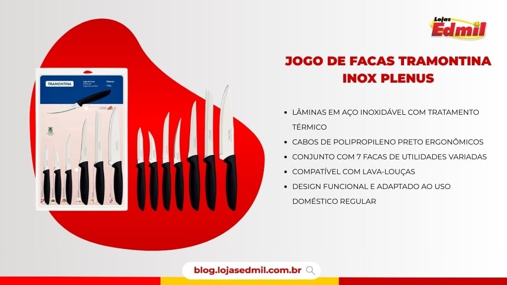 Jogo de facas Tramontina Inox Plenus, perfeito para cortar frutas da estação no verão com praticidade e precisão.