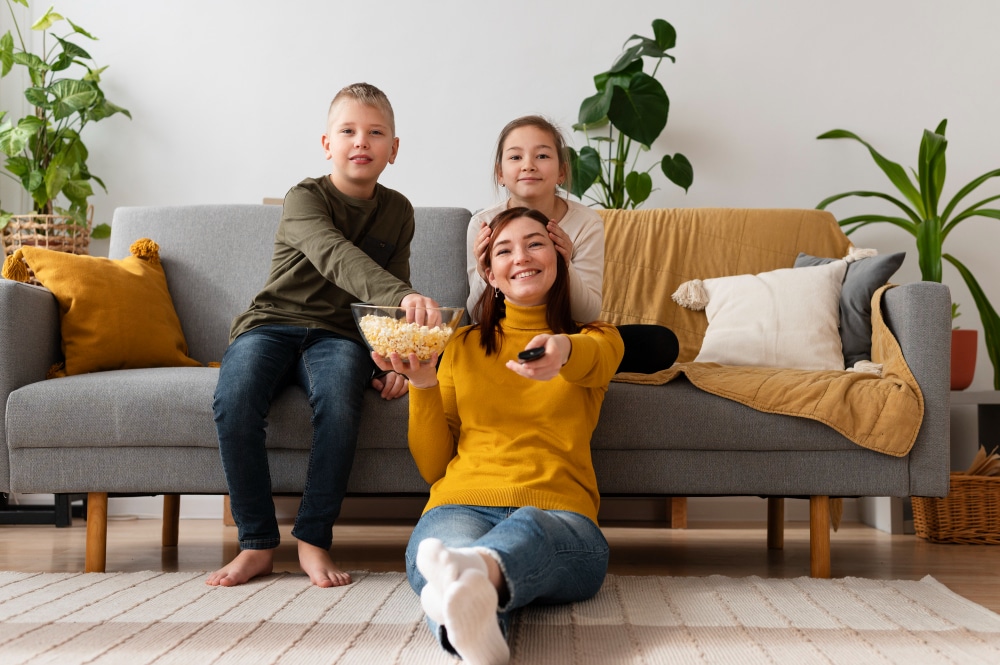 família assistindo smart TV 4K