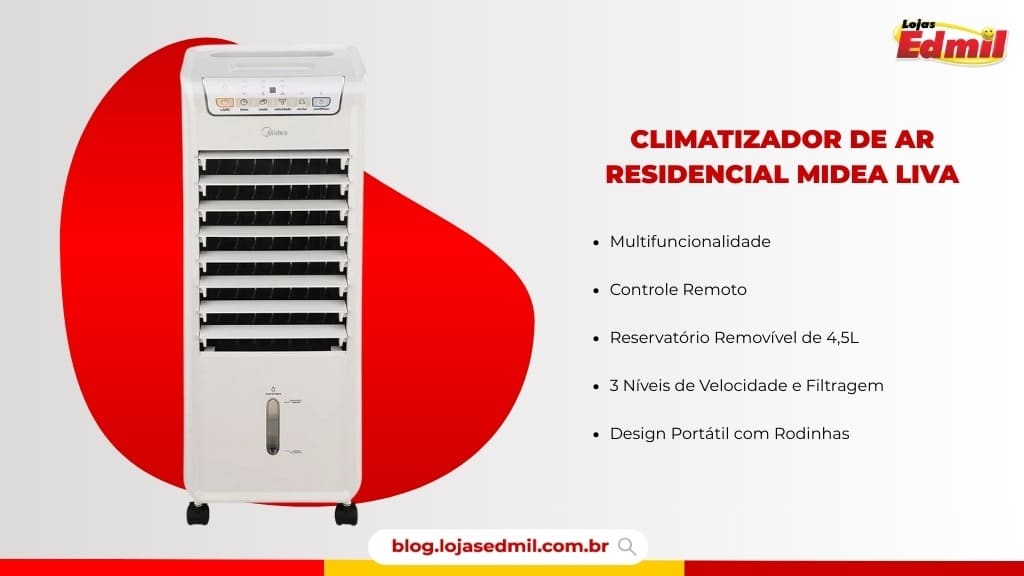 Climatizador de ar residencial Midea Liva, portátil, com controle remoto e reservatório de 4,5L, ideal para ambientes com altas temperaturas.