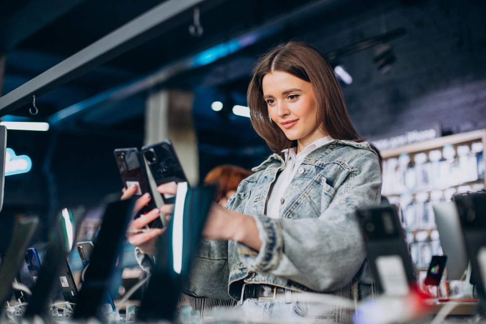 mulher escolhendo entre os melhores celulares 2026
