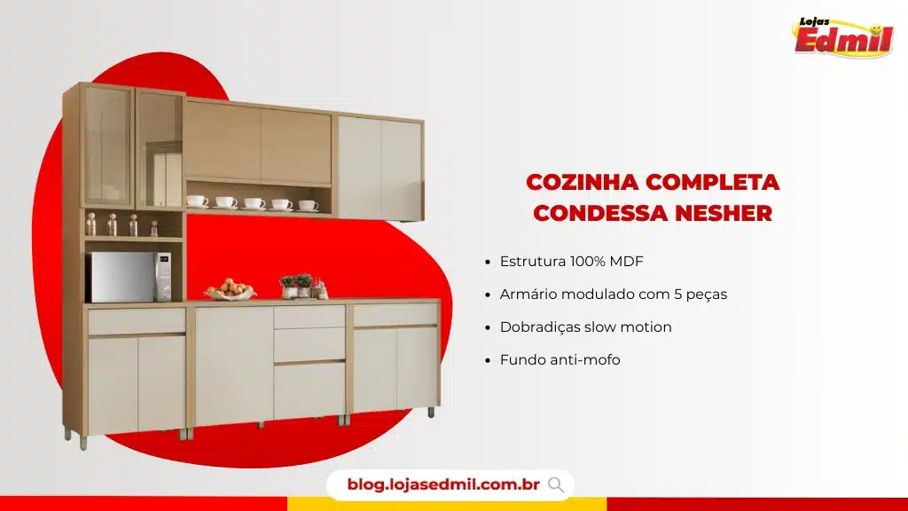 Armário de cozinha modulado Condessa Nesher, cozinha completa em MDF.