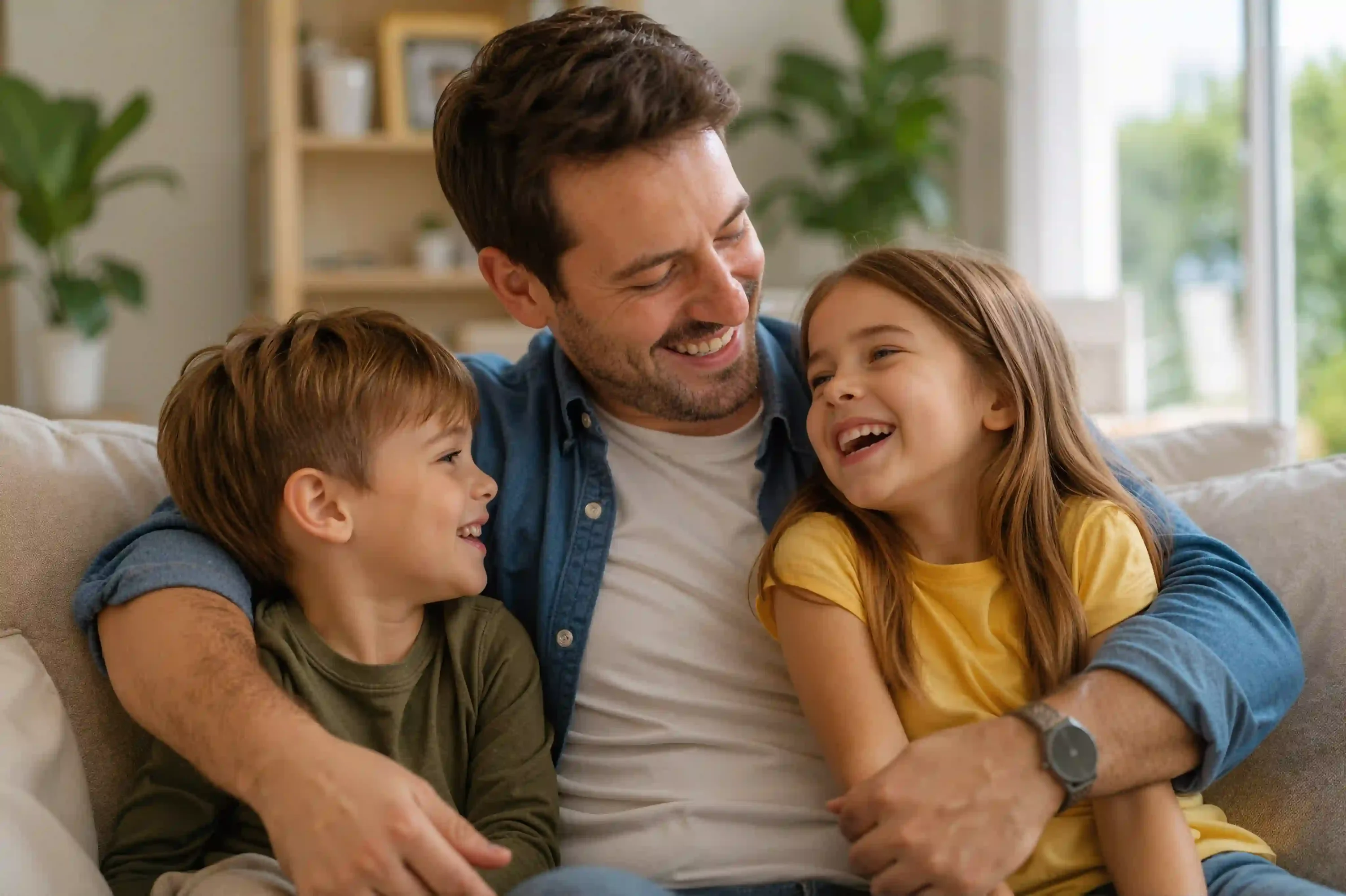 Pai feliz com seus filhos sentados no soá da sala